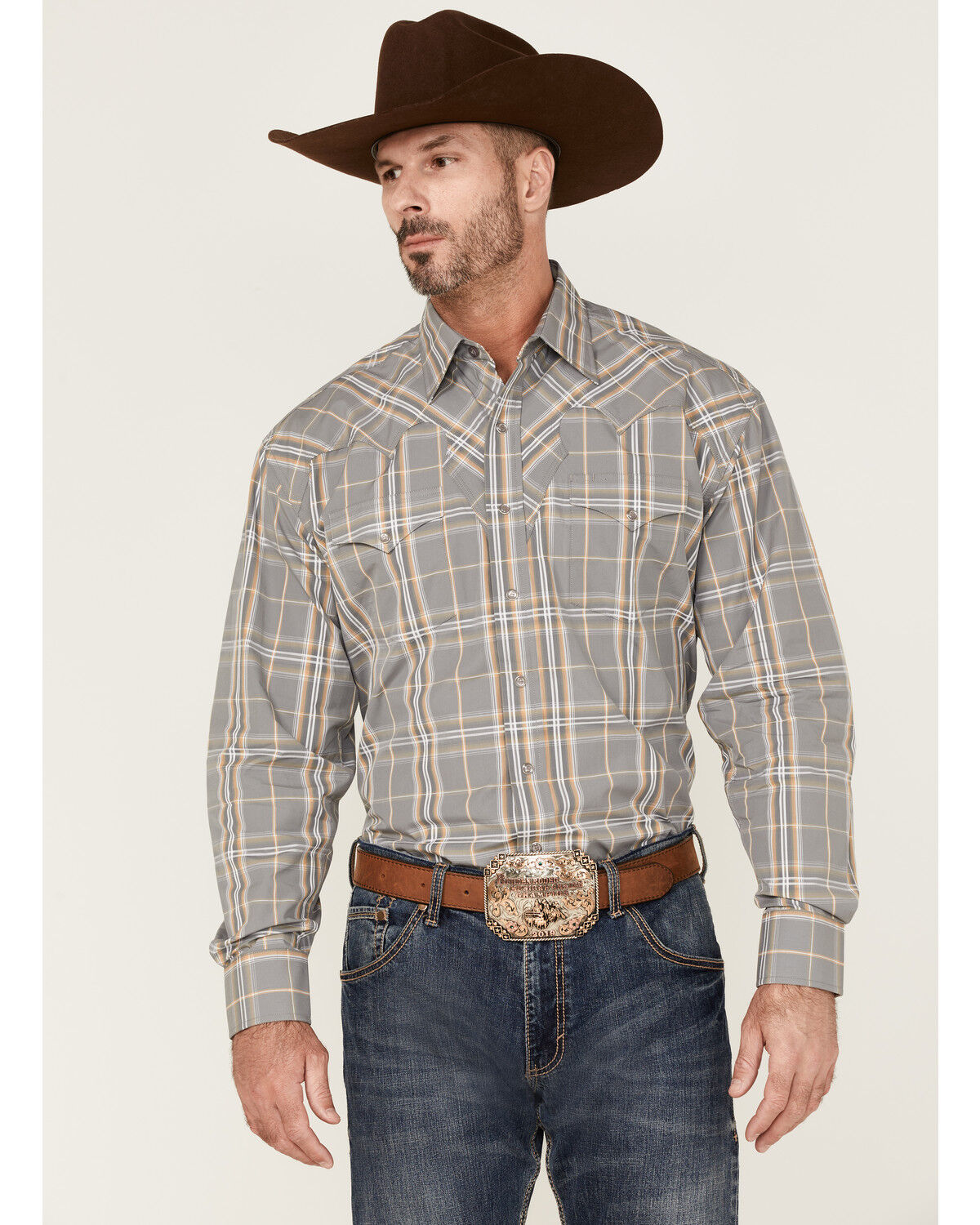Image #1 - Stetson Men's Smoke Plaid Long Sleeve Snap Western Shirt, Grey, hi-res