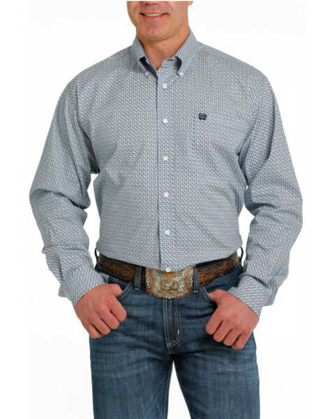 Cinch Men's Geo Print Long Sleeve Button Down Stretch Western Shirt, Light Blue, hi-res