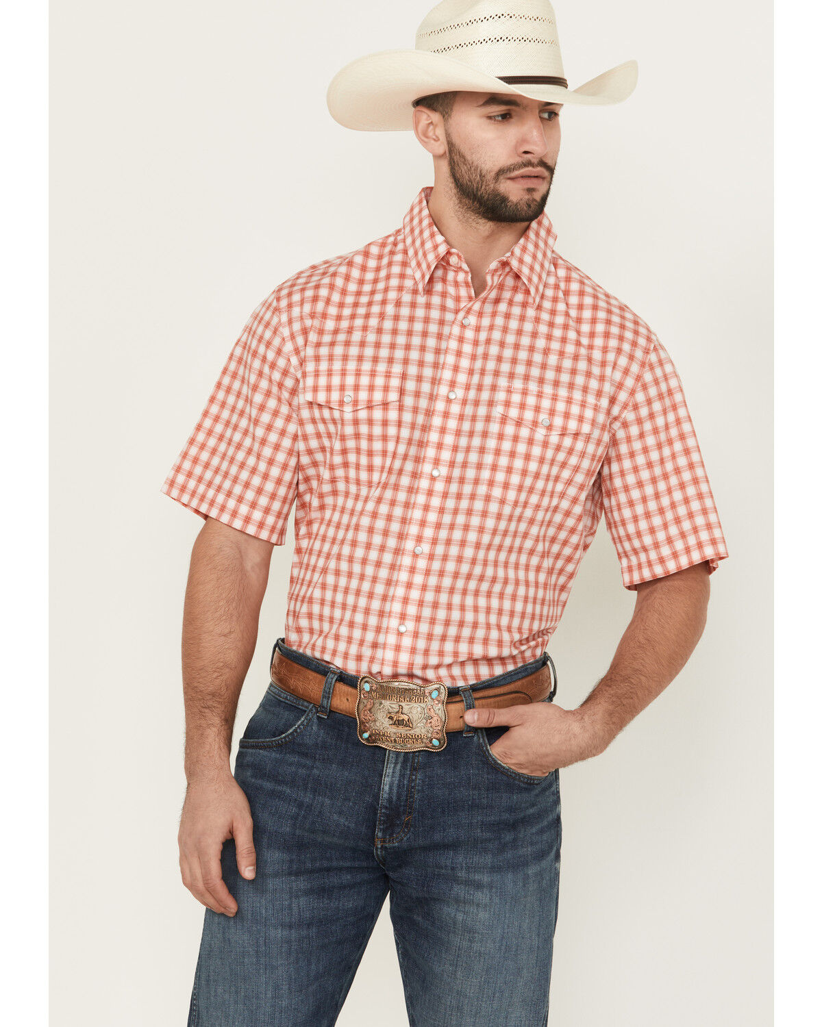 Image #1 - Wrangler Men's Plaid Print Short Sleeve Pearl Snap Western Shirt, Orange, hi-res