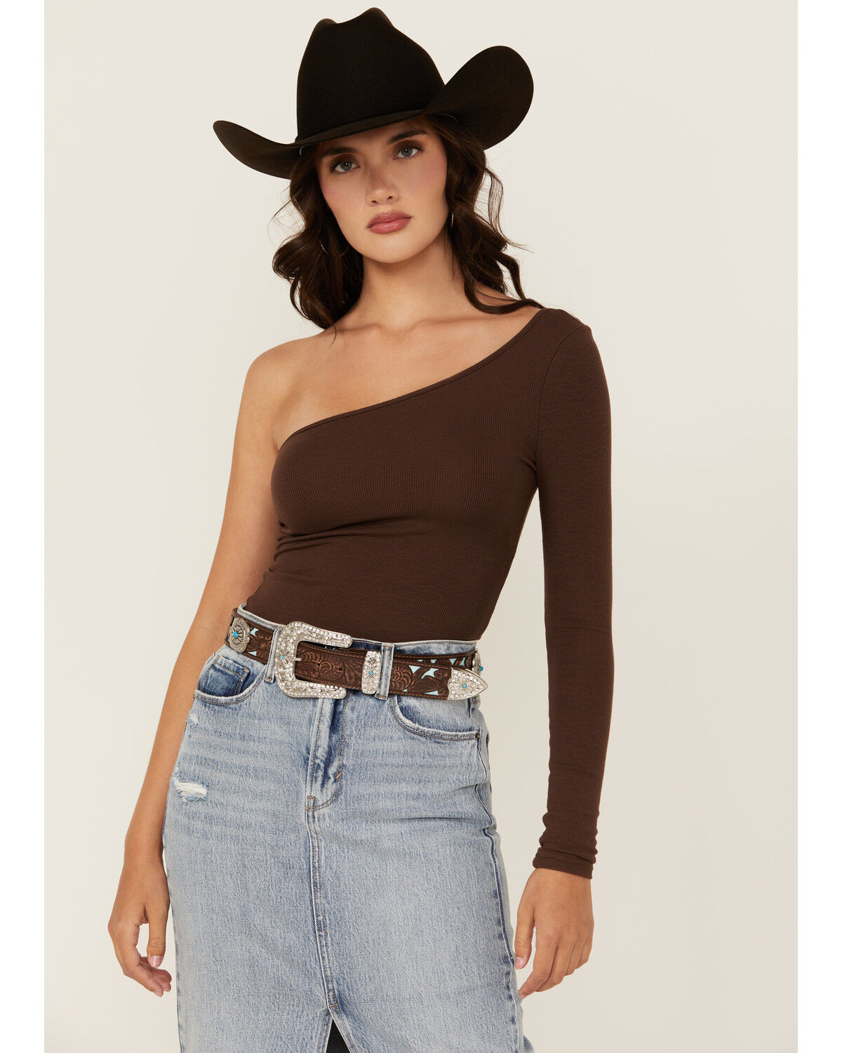 Image #1 - Shyanne Women's Underlay Concho Studded Tooled Belt, Brown, hi-res