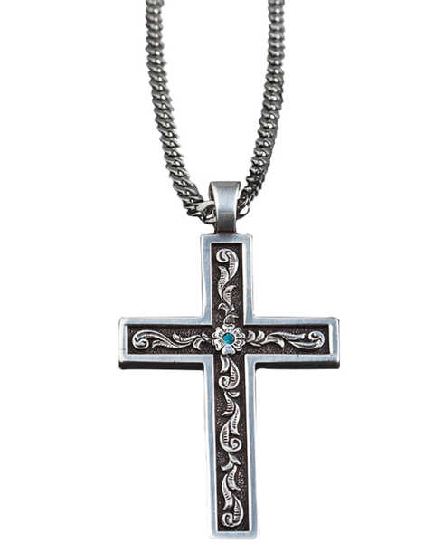 Twister Men's Tooled Inlay Cross Necklace , Silver, hi-res