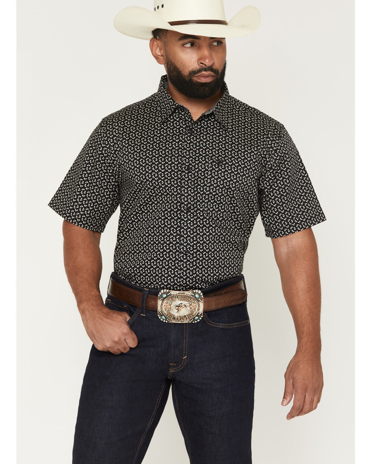 Image #1 - Cody James Men's Shiloh Micro Floral Print Short Sleeve Button-Down Stretch Western Shirt - Tall, Black, hi-res