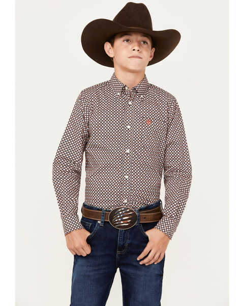 Image #1 - Ariat Boys' Osman Print Classic Fit Long Sleeve Button Down Western Shirt, Pink, hi-res
