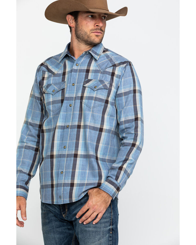 Moonshine Spirit Men's Stagg Bar Plaid Long Sleeve Western Flannel Shirt , Light Blue, hi-res