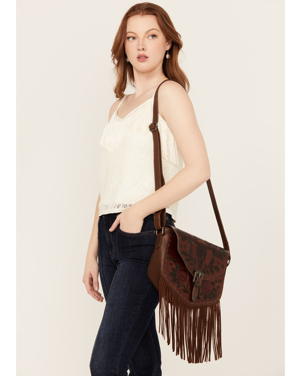 Image #1 - Idyllwind Women's Lenora Longhorn Tooled Leather Crossbody Bag, Brown, hi-res