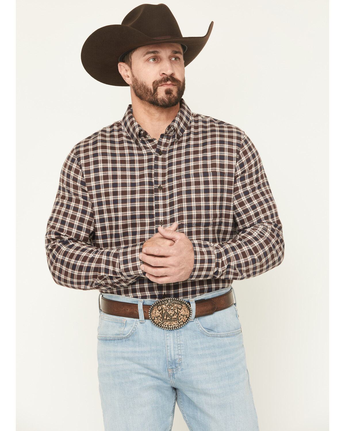 Image #1 - Cody James Men's Rodeo Ridge Plaid Print Long Sleeve Button-Down Stretch Western Shirt, Brown, hi-res