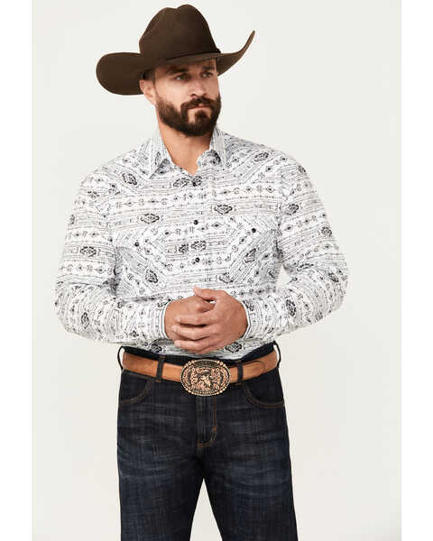 Rough Stock by Panhandle Men's Southwestern Print Ripstop Long Sleeve Snap Performance Western Shirt, White, hi-res