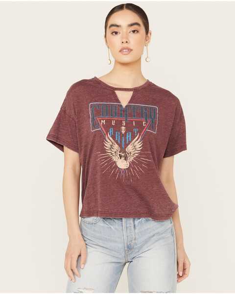 Image #1 - Ariat Women's Rock n Roll Keyhole Neck Short Sleeve Graphic Tee, Wine, hi-res