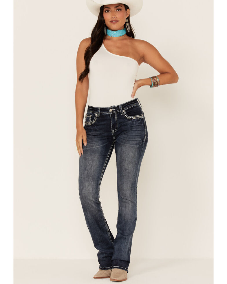 Grace in LA Women's Dark Wash Crossing Lines Bootcut Jeans, Blue, hi-res