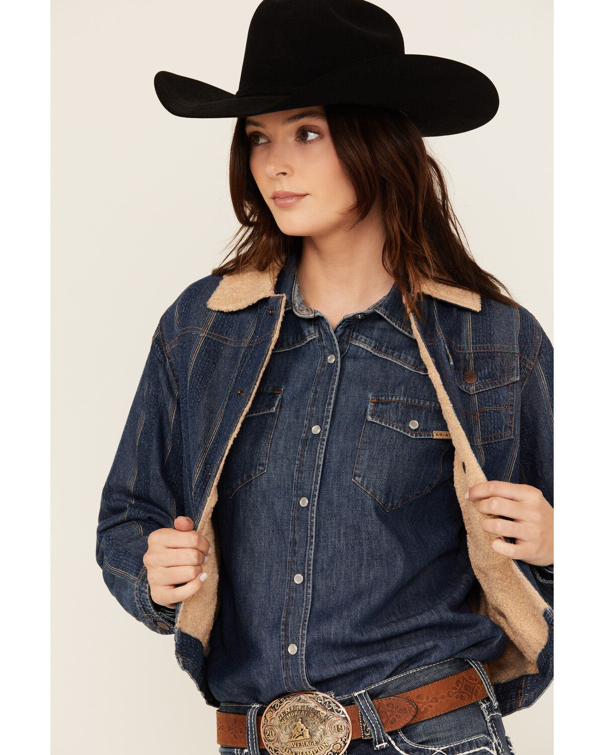 Image #2 - Kimes Ranch Women's Striped Print Sherpa Lined Denim Jacket, Blue, hi-res