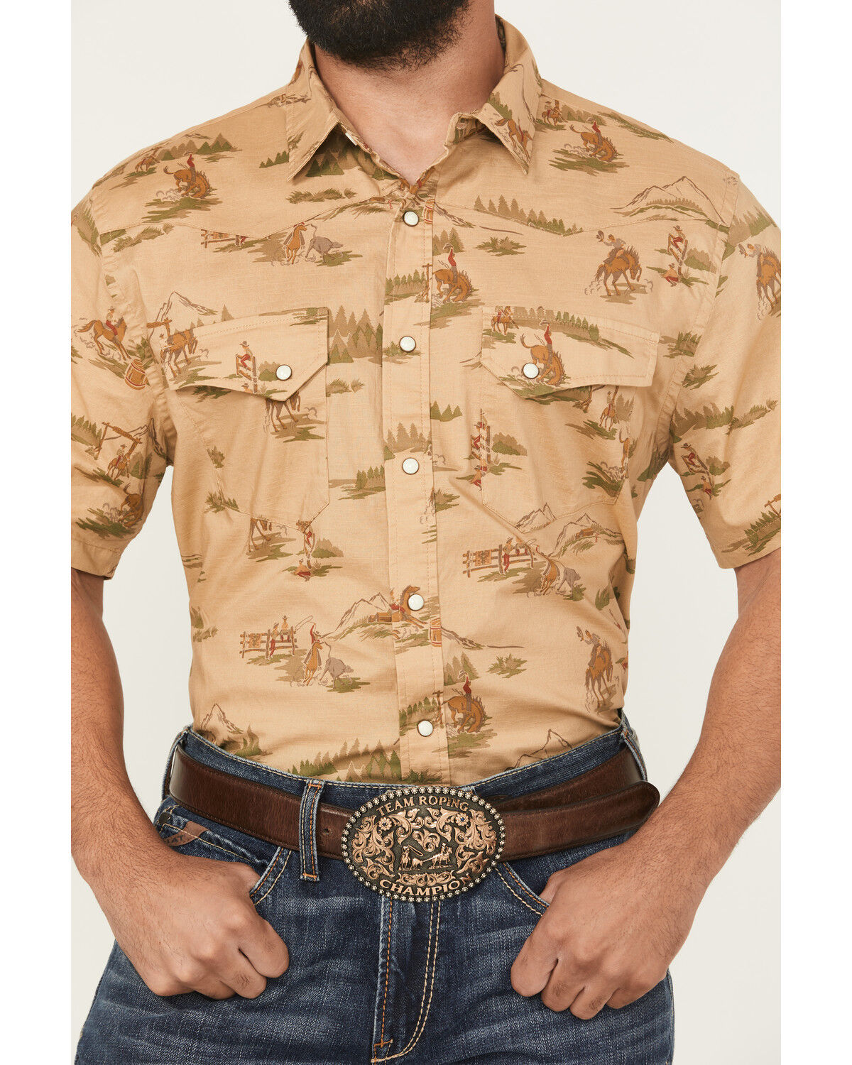 Image #3 - Pendleton Men's Laramie Ranch Print Short Sleeve Snap Western Shirt, Mustard, hi-res