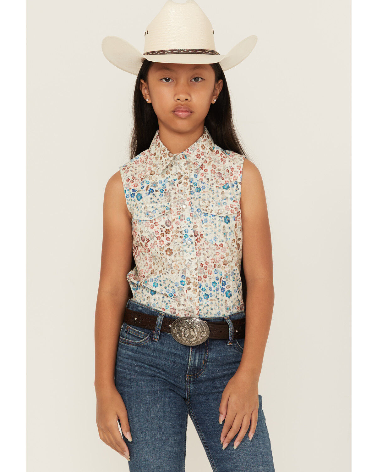 Image #1 - Shyanne Girls' Floral Print Sleeveless Snap Western Shirt, Ivory, hi-res