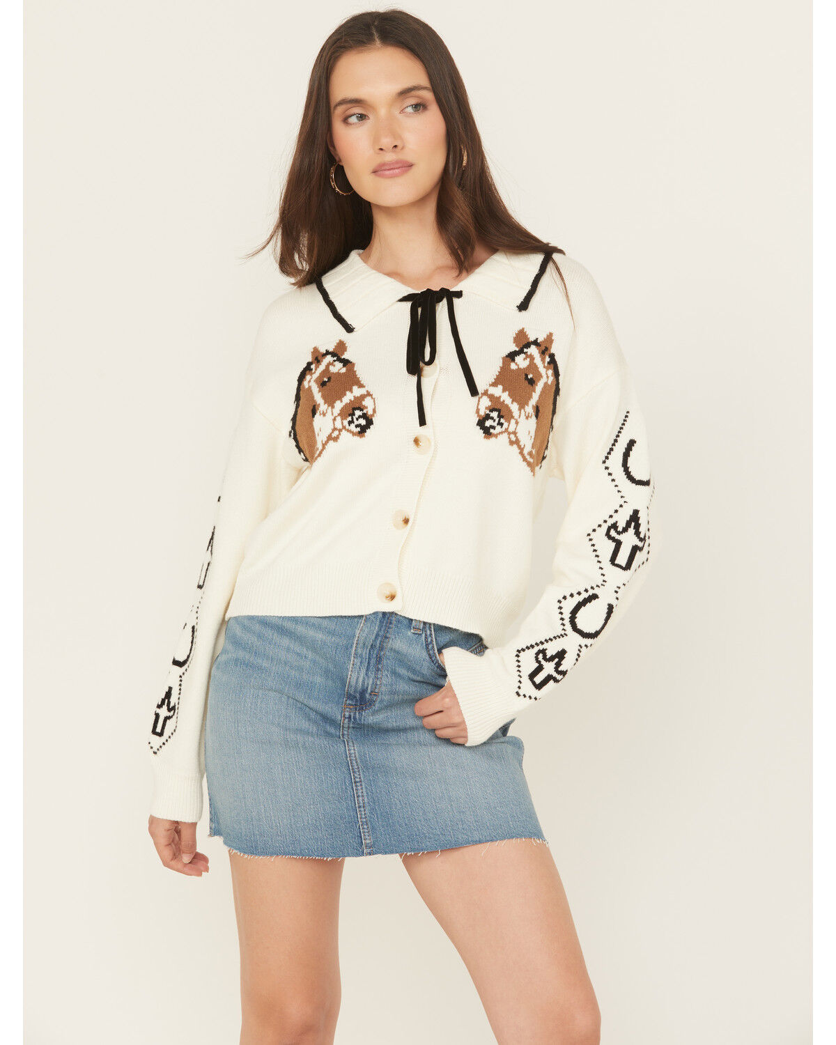Image #1 - Blue B Women's Horse Button-Down Cardigan, Cream, hi-res