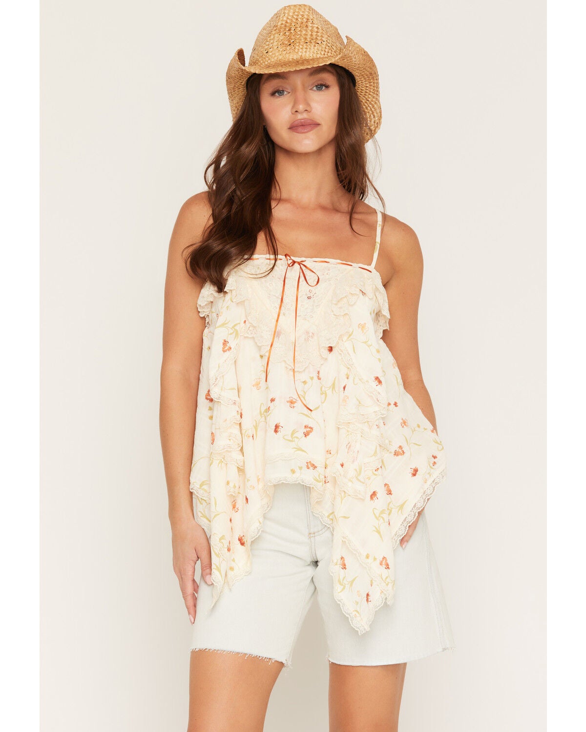 Wild Moss Women's Floral Print Lace Tank Top, Ivory, hi-res