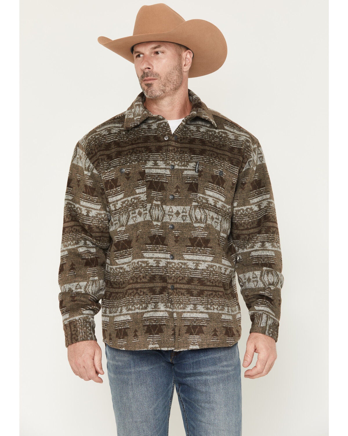 Outback Trading Co Men's Hudson Southwestern Print Snap Shirt Jacket, Taupe, hi-res