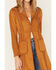 Shyanne Women's Faux Suede Crochet Duster Jacket, Caramel, hi-res