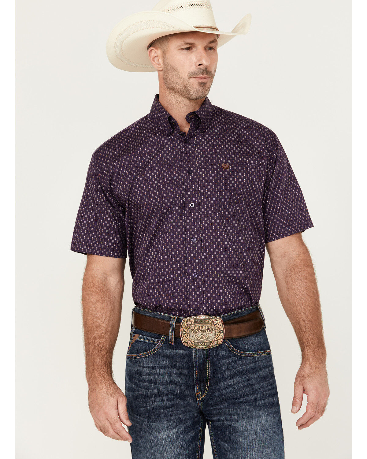 Image #1 - Cinch Men's Geo Print Short Sleeve Button-Down Western Shirt, Purple, hi-res
