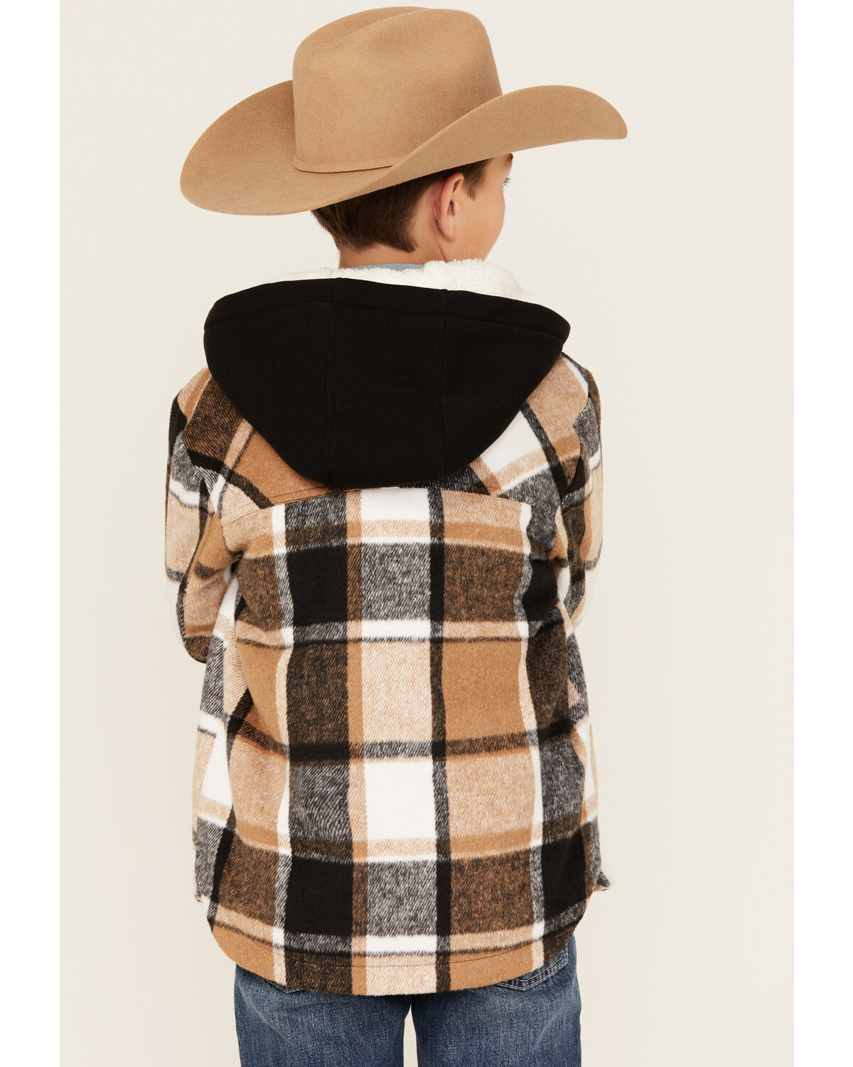 Image #4 - Urban Republic Boys' Plaid Print Sherpa Lined Snap Hooded Shacket, Brown, hi-res