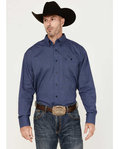 George Strait by Wrangler Men's Geo Print Long Sleeve Button-Down Western Shirt, Dark Blue, hi-res