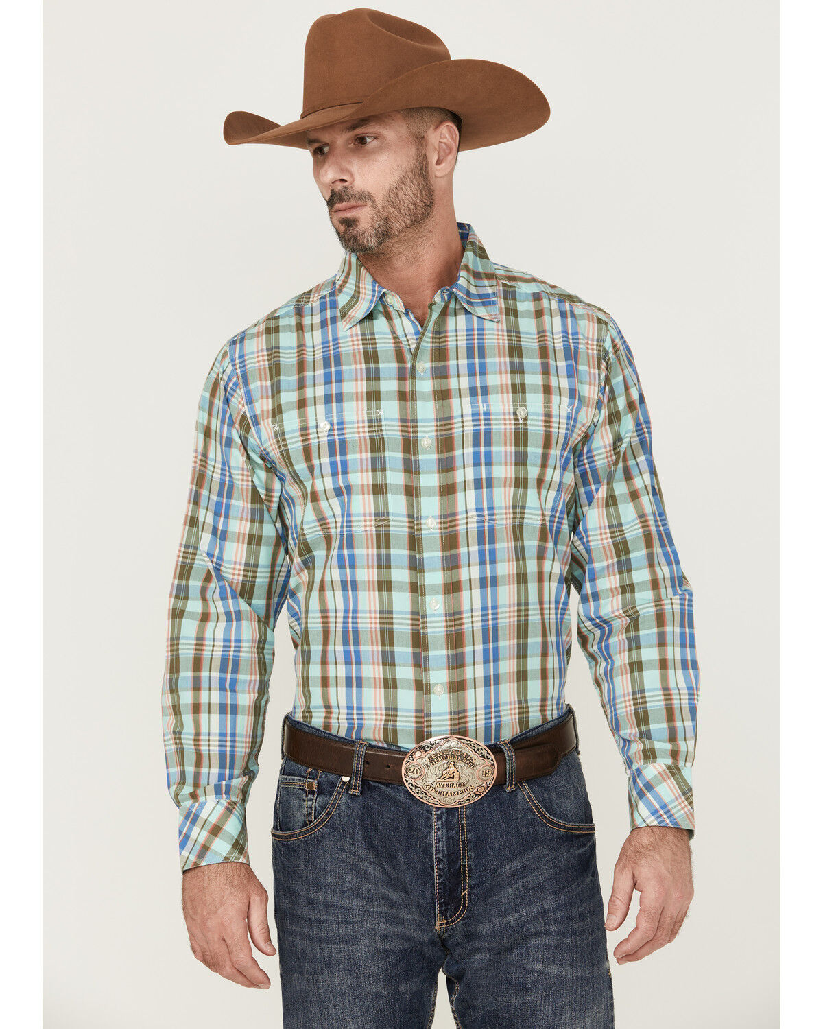 Image #1 - Resistol Men's Hampton Plaid Print Long Sleeve Button Down Western Shirt, Light Green, hi-res