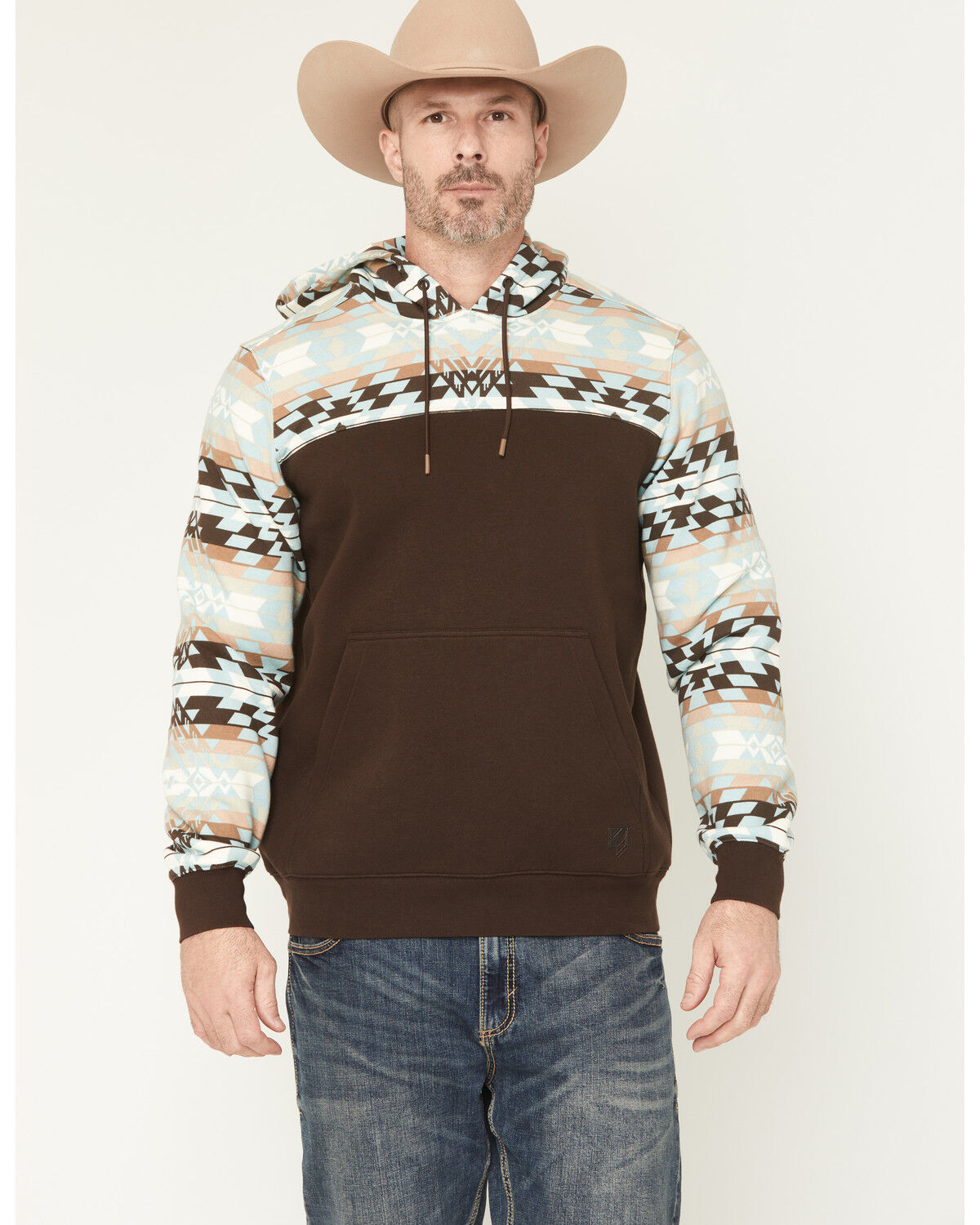 Image #1 - RANK 45® Men's Horizon Southwestern Print Colorblock Hooded Sweatshirt, Coffee, hi-res