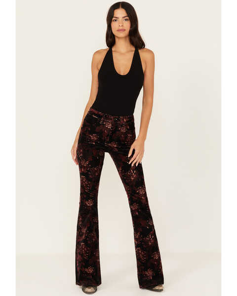 Image #1 - Shyanne Women's Printed Velveteen High Rise Stretch Flare Jeans, Black, hi-res
