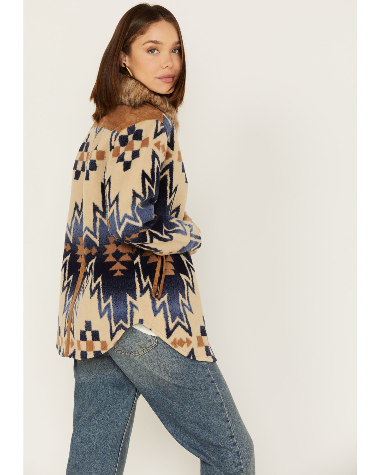 Tasha Polizzi Women s The Mountain Shirt Southwestern Print Faux Fur Collar Jacket Sheplers