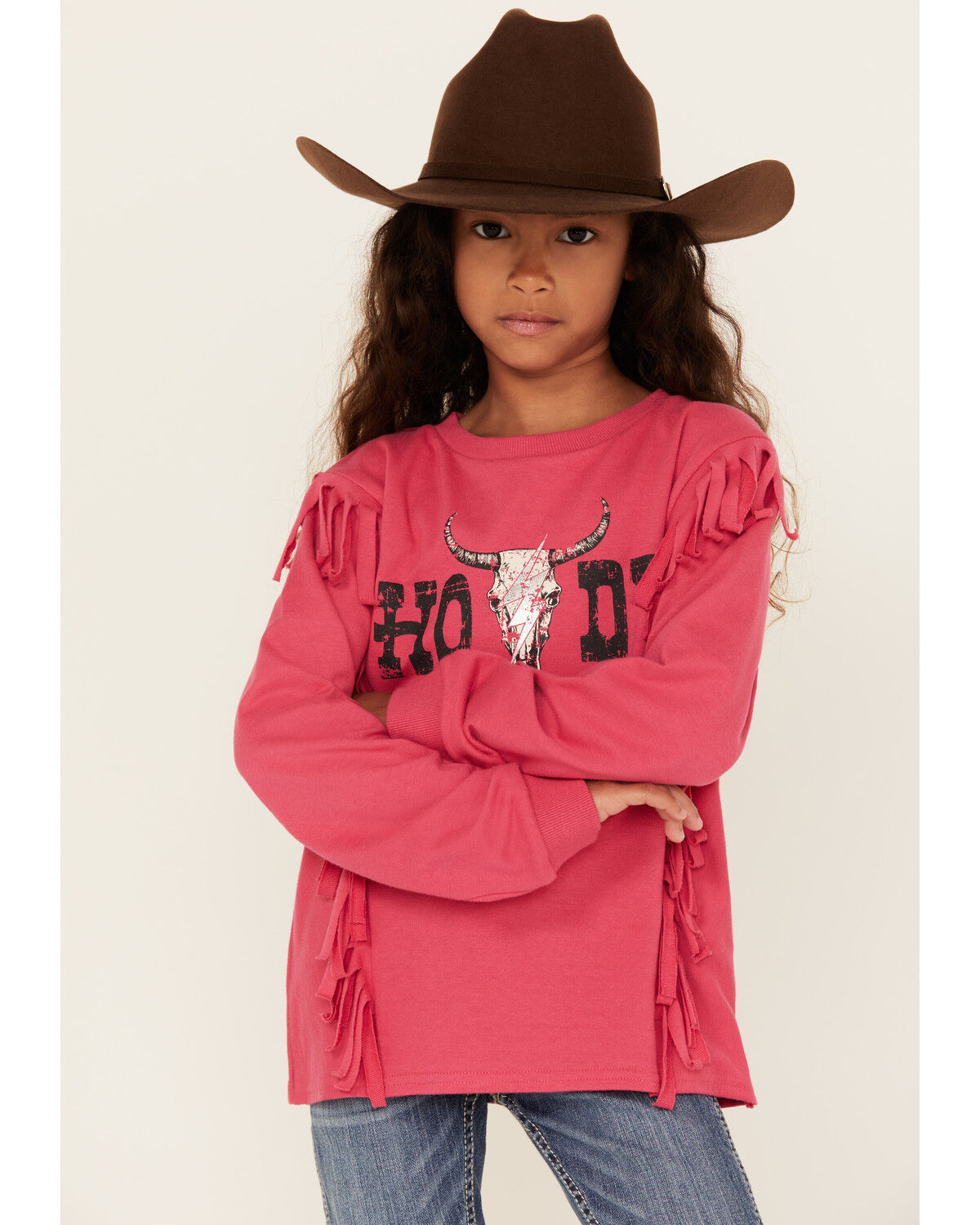 Image #1 - Rock & Roll Denim Girls' Howdy Fringe Long Sleeve Graphic Tee, Pink, hi-res