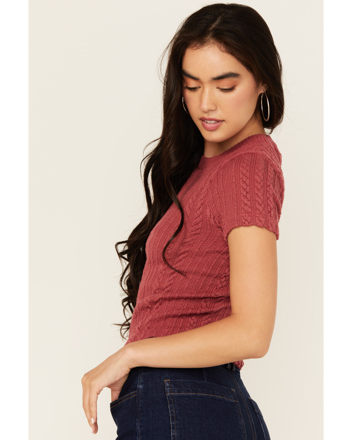 Image #4 - Evergreen Women's Cable Rib Short Sleeve Top, Burgundy, hi-res