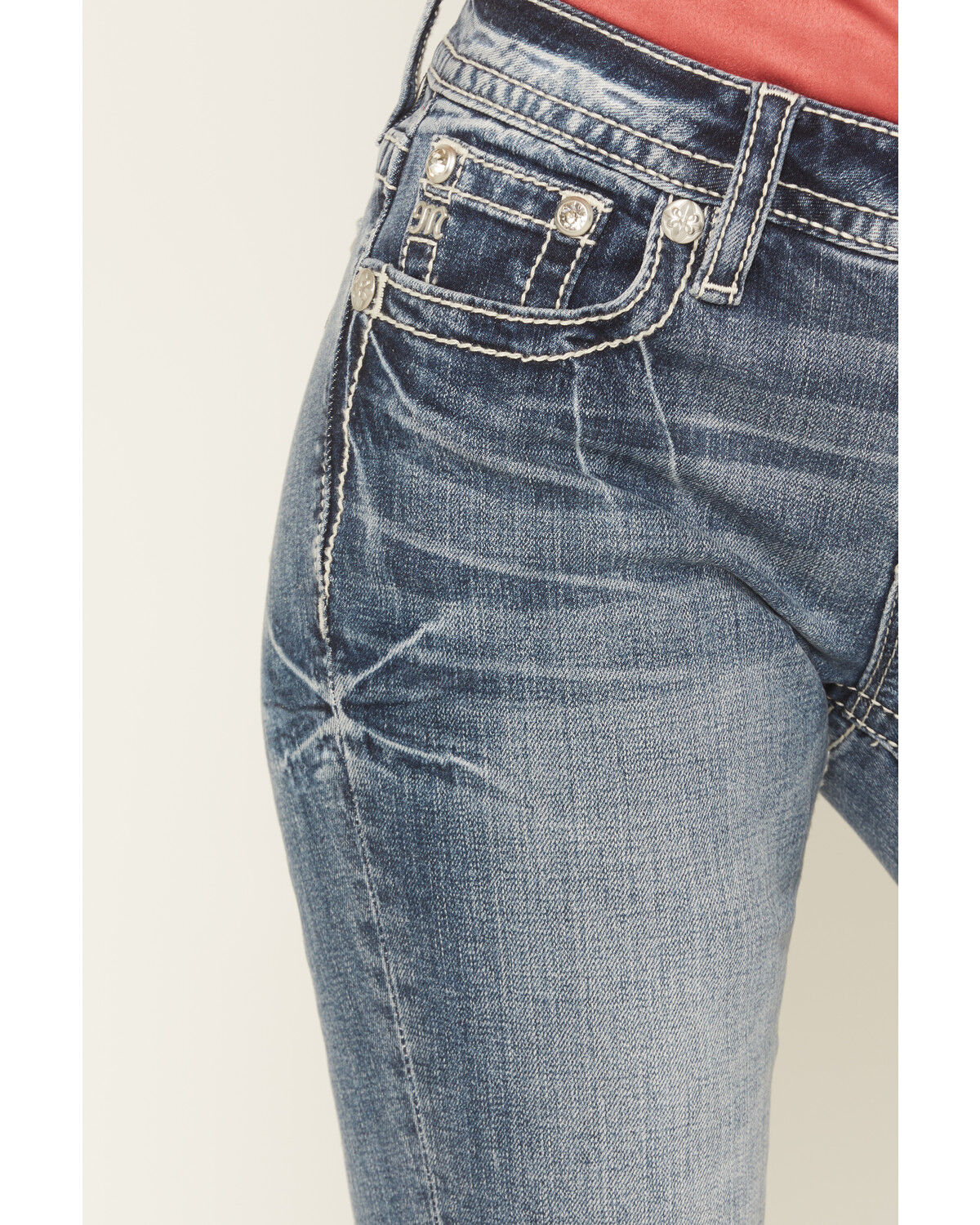 Image #4 - Miss Me Women's Medium Wash Mid Rise Cow Skull Pocket Bootcut Stretch Denim Jeans, Medium Wash, hi-res