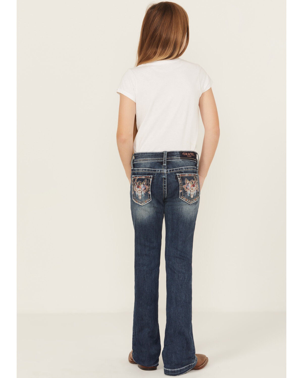 Grace In LA Girls' Floral Steerhead Embroidered Dark Wash Bootcut Stretch Denim Jeans, Medium Wash, hi-res