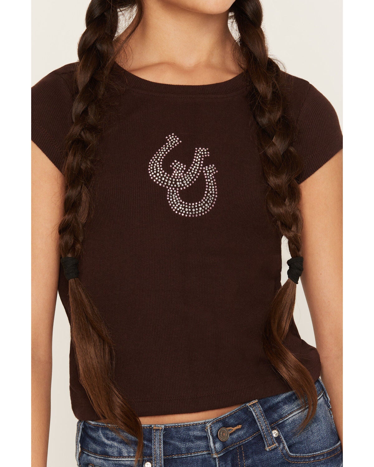 Image #3 - Shyanne Girls' Rhinestone Horseshoe Short Sleeve Tee, Cognac, hi-res