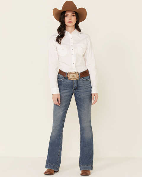 Wrangler Women's Solid Long Sleeve Rhinestone Snap Western Shirt, White, hi-res