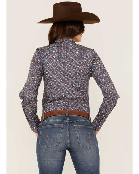 Image #4 - Cinch Women's Tile Print Long Sleeve Snap Western Core Shirt, Blue, hi-res