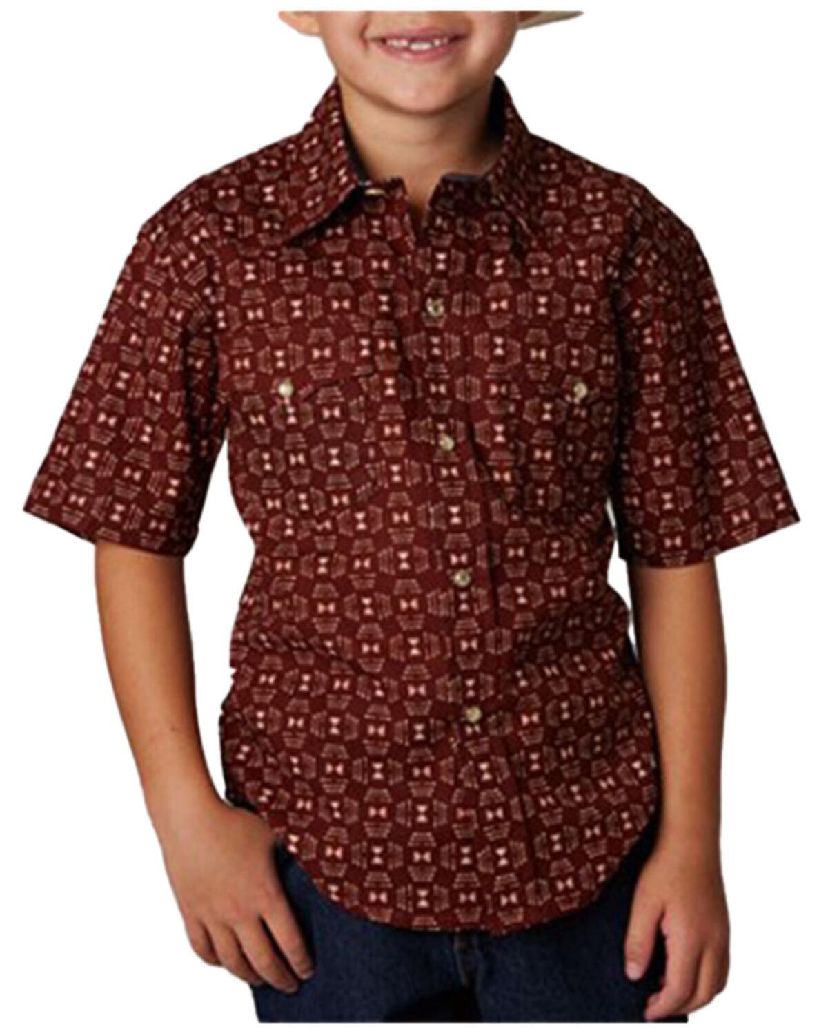 Image #1 - Roper Boys' Southwestern Print Short Sleeve Snap Western Shirt, Red, hi-res