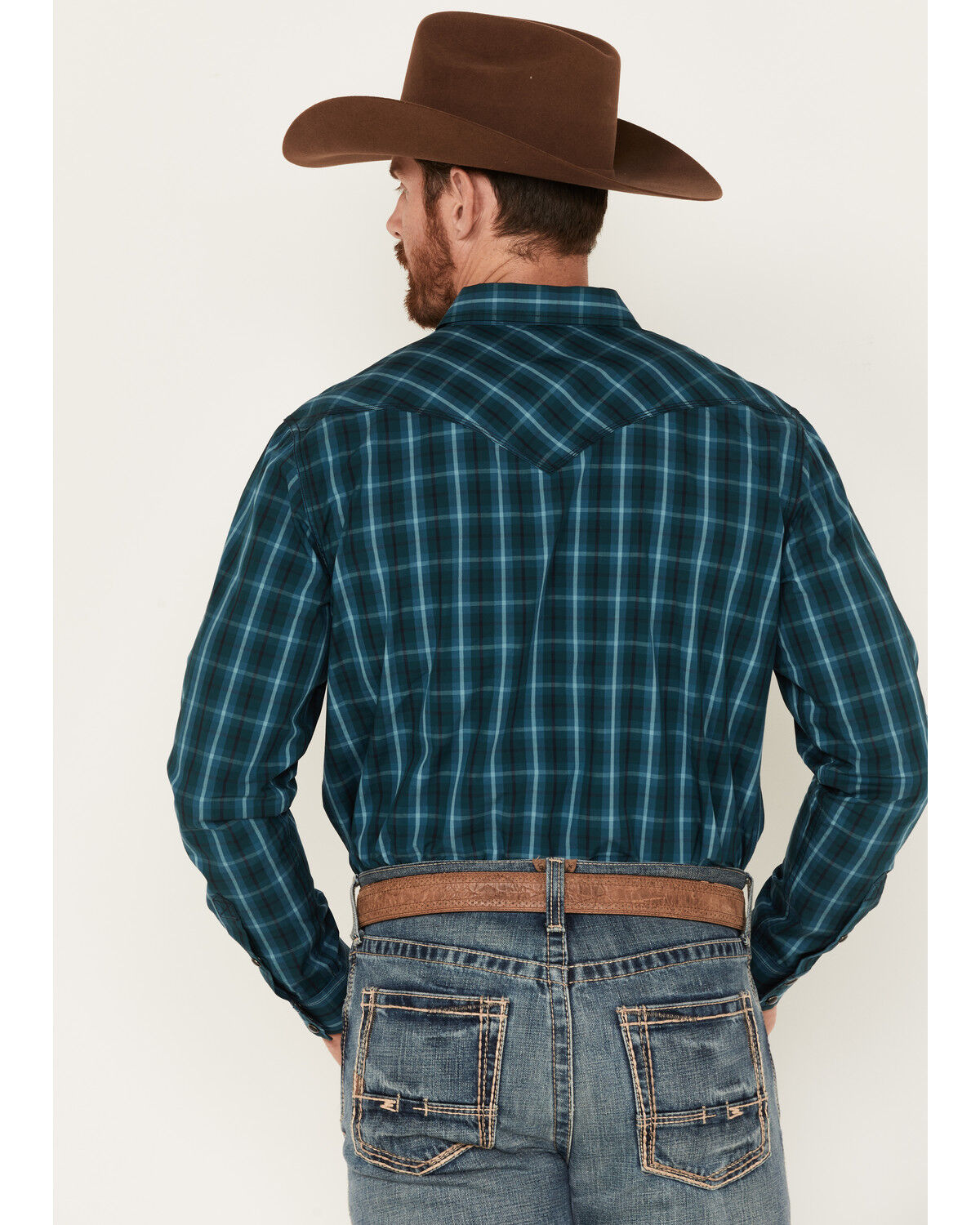 Image #4 - Moonshine Spirit Men's Bayou Plaid Print Long Sleeve Western Snap Shirt, Teal, hi-res