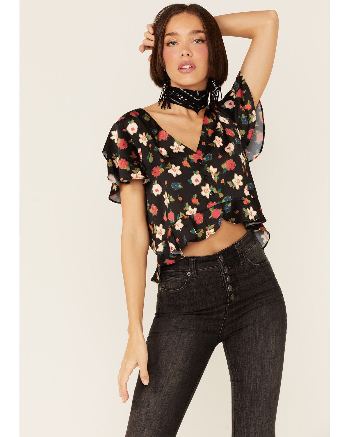 Image #1 - Beyond The Radar Women's Floral Satin Button Front Blouse, Black, hi-res