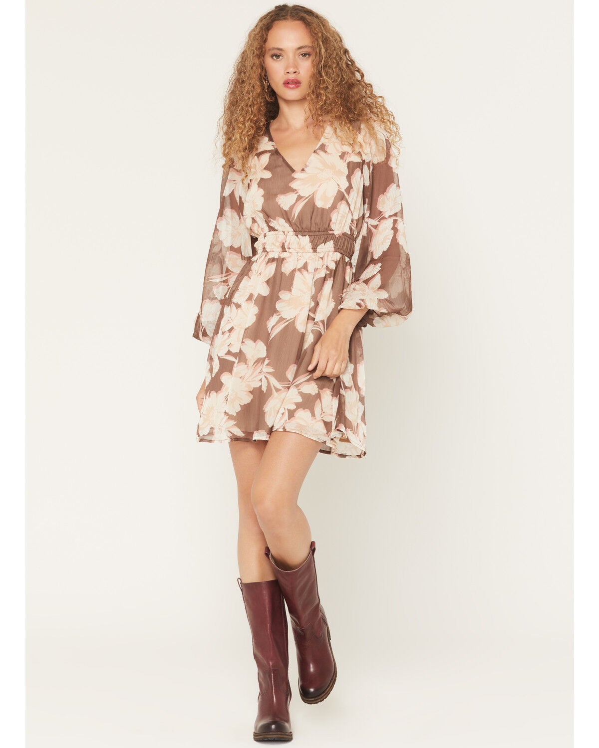 Shyanne Women's Floral Long Sleeve Crinkle Mini Dress, Brown, hi-res