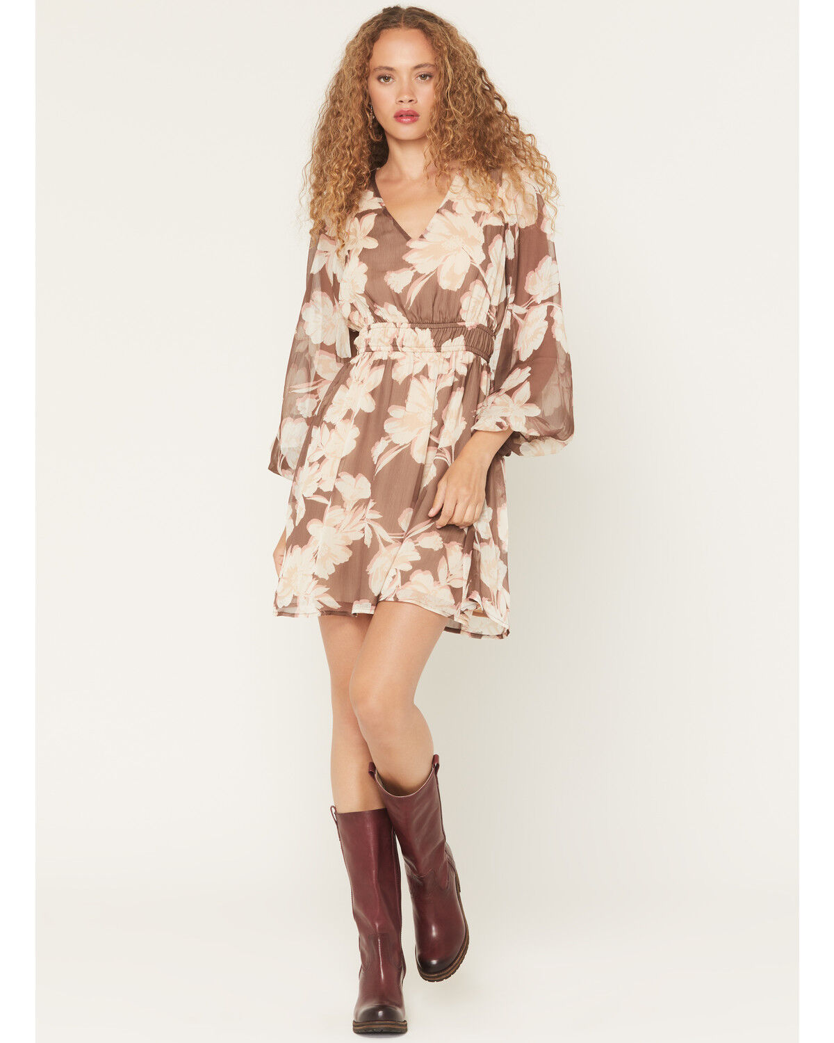 Image #1 - Shyanne Women's Floral Long Sleeve Crinkle Mini Dress, Brown, hi-res