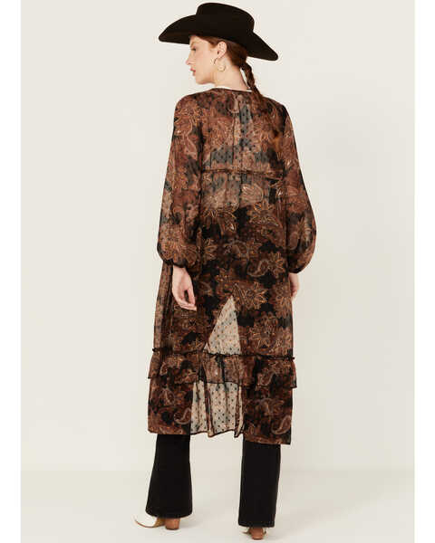Image #4 - Wild Moss Women's Printed Tiered Long Sleeve Kimono, Black, hi-res