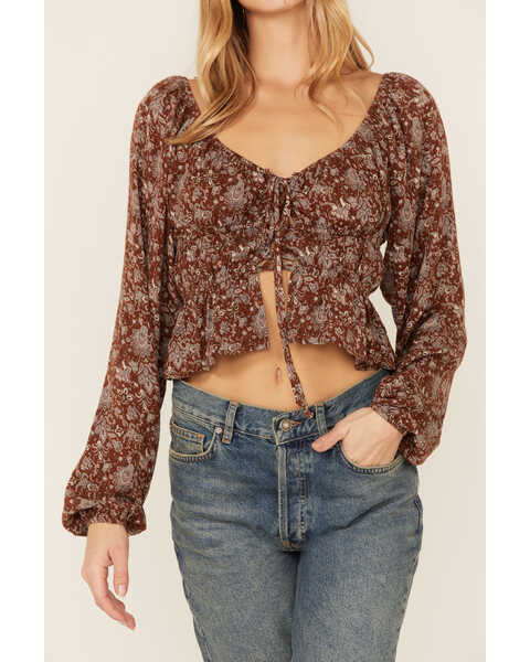Image #2 - Wild Moss Long Sleeve Tie Front Ranched Floral Top, Tan, hi-res