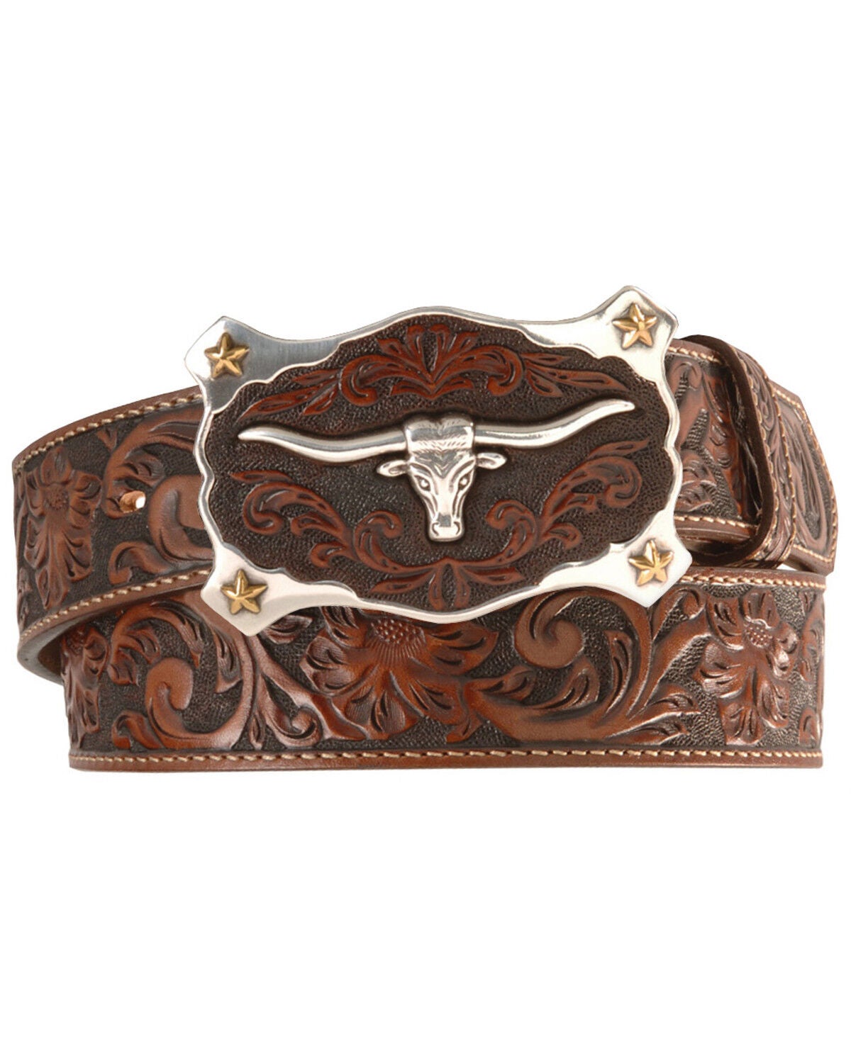 Justin Men's Longhorn Buckle Leather Belt, Tan, hi-res