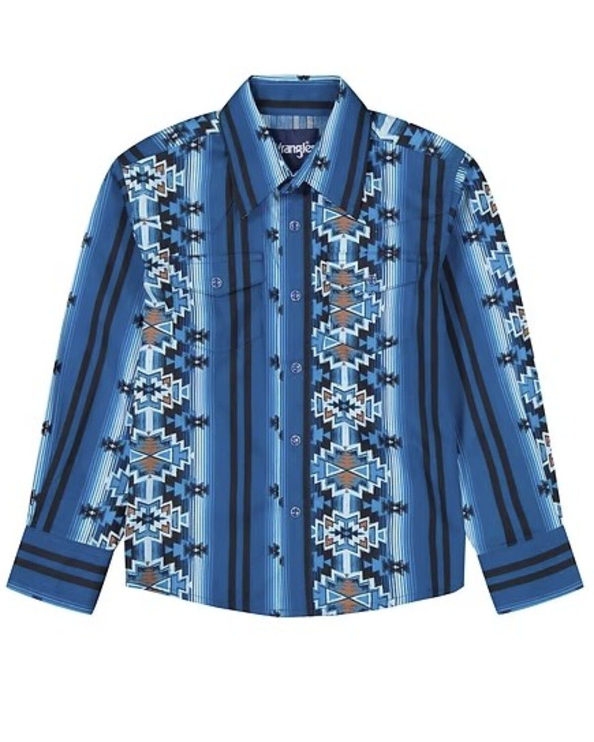 Wrangler Boys' Checotah Southwestern Striped Long Sleeve Pearl Snap Western Shirt, Blue, hi-res