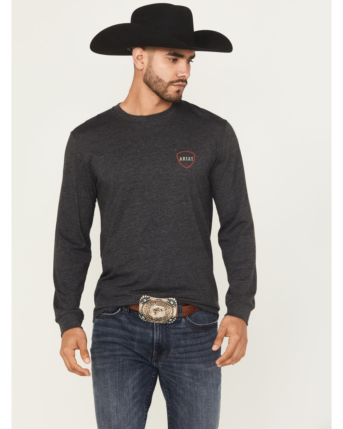 Image #2 - Ariat Men's Barbed Flag Logo Long Sleeve Graphic T-Shirt, Charcoal, hi-res