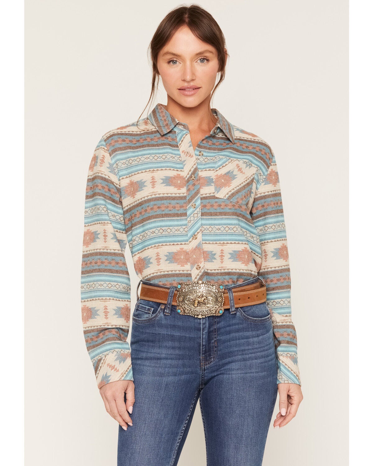 Shyanne Women's Farris Southwestern Print Long Sleeve Relaxed Flannel Shirt, Royal Blue, hi-res
