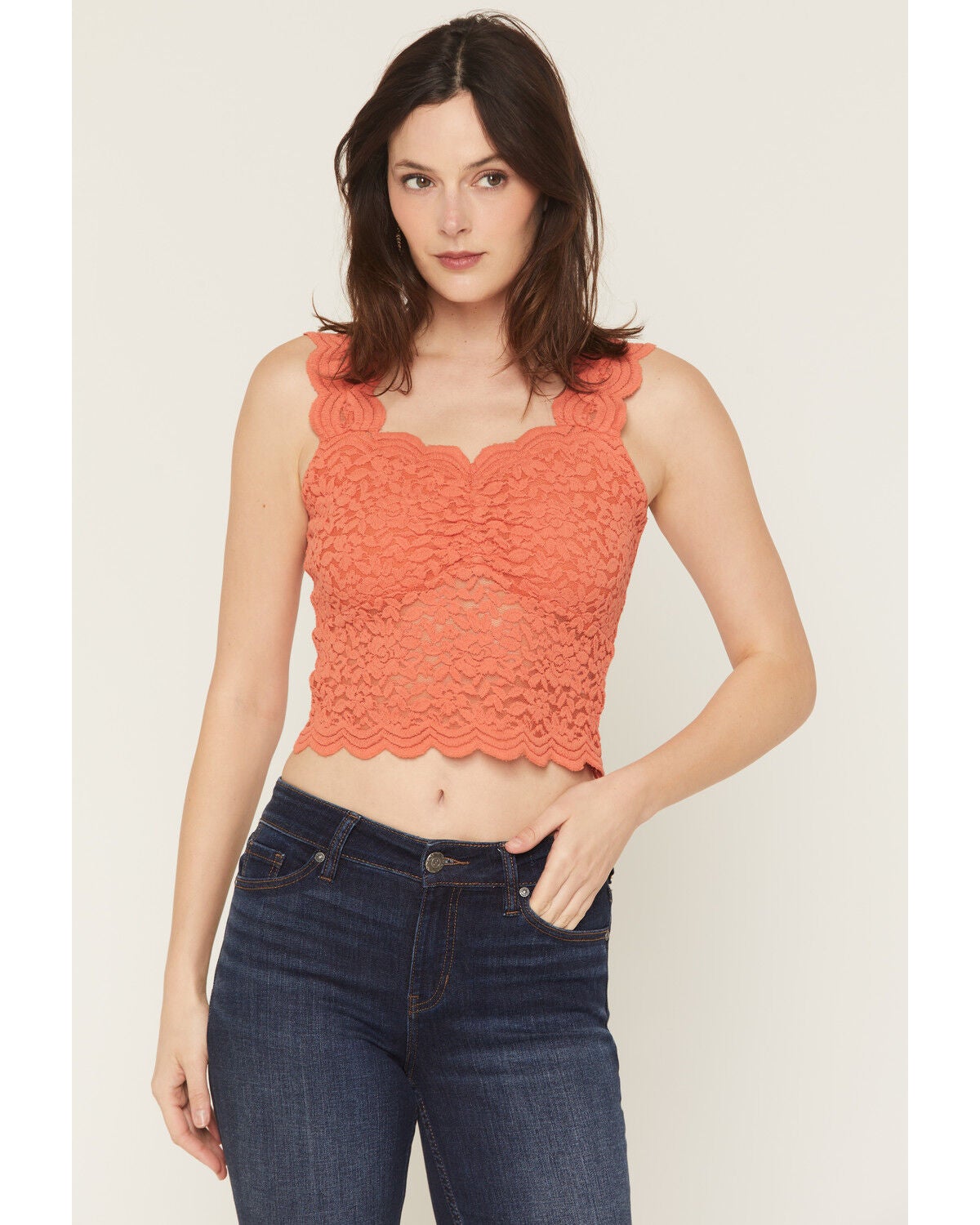 Shyanne Women's Stretch Lace Fitted Cami, Coral, hi-res
