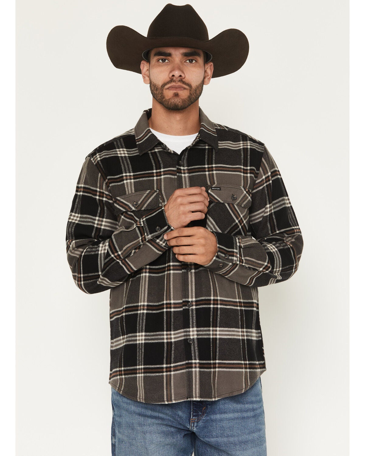 Brixton Men's Bowery Long Sleeve Button-Down Flannel Shirt, Black, hi-res
