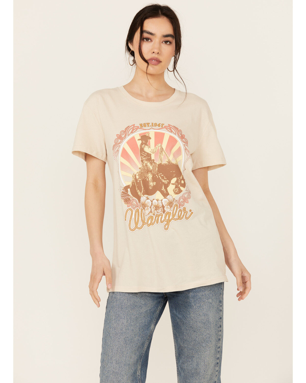 Image #1 - Wrangler Women's Boot Barn Exclusive Cowboy Logo Boyfriend Fit Short Sleeve Graphic Tee, Oatmeal, hi-res