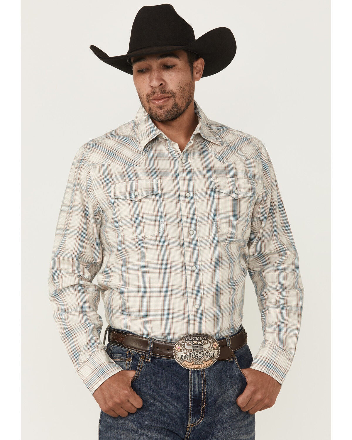 Wrangler Retro Men's Plaid Print Long Sleeve Snap Western Shirt, Cream, hi-res
