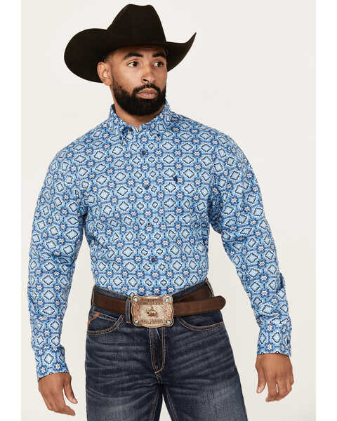 Rodeo Clothing Men's Southwestern Print Long Sleeve Pearl Snap Western Shirt , Blue, hi-res